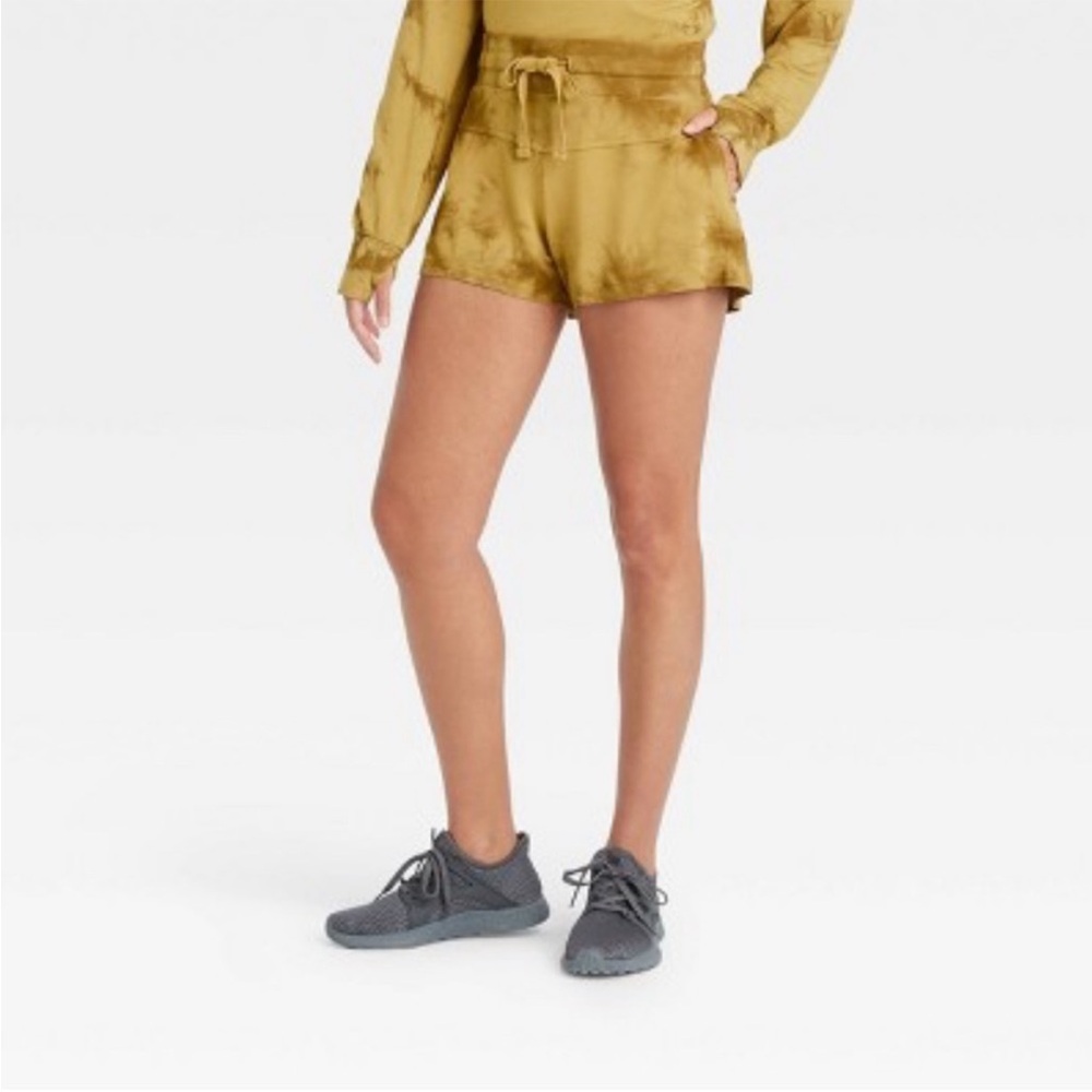 JoyLab Women's Tie Dye Elastic Waist French Terry Everyday Shorts Mustard MEDIUM